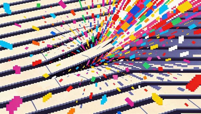 Spiraling pixel vortex sending colorful confetti across beige tile grid with navy stripes