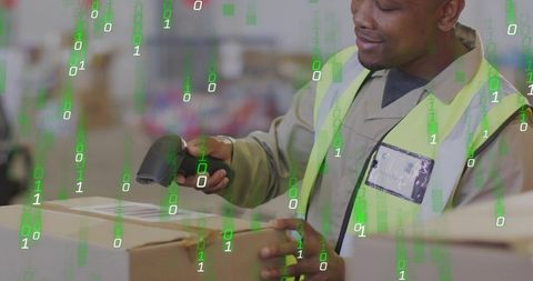 Warehouse worker scanning package with barcode scanner and binary overlay for logistics