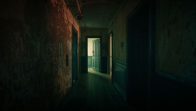 Haunting corridor with dim light and creaking doorway