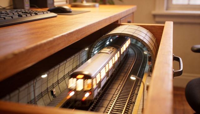 Gliding scale subway train running inside wooden drawer diorama with illuminated windows