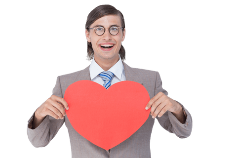 Businessman Cheerfully Holding Red Heart Card on Transparent Background