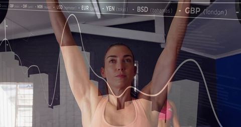 Focused athlete lifting barbell with financial market elements