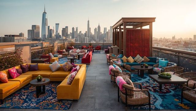 Rooftop lounge overlooking skyline at golden hour with mustard-yellow sectional and vibrant seating