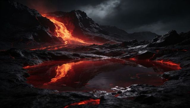 Flowing lava cascade over basalt crater with reflecting molten pool under moody night sky