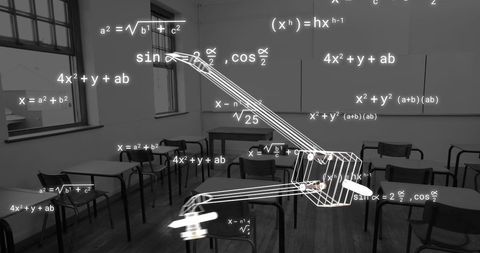 Mathematical equations overlay with digital compass in school classroom
