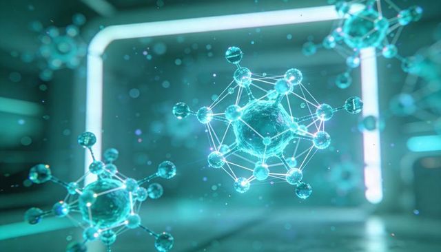 Floating cyan molecular network rotating in neon corridor nanotechnology concept
