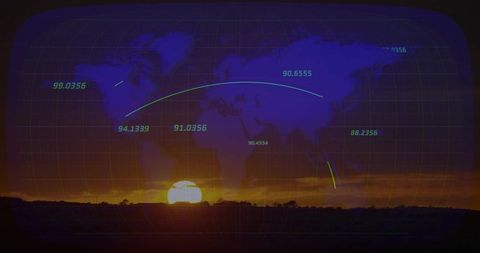 Displaying translucent world map overlay across sunset horizon HUD gridlines and glowing sun