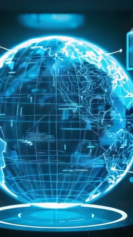 Vertical Rotating Holographic Wireframe Globe Powering Up Above Futuristic Lab Console