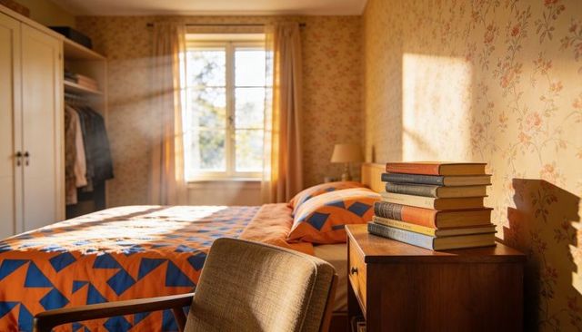 Sunlit vintage bedroom with orange-blue geometric quilt, stacked books on wooden nightstand