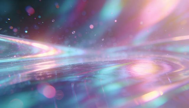Iridescent Pastel Surface Rippling with Bokeh Orbs, Light Streaks and Opalescent Glow