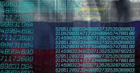 Streaming turquoise code overlaying white-blue-red tricolor and reflective cyber corridor