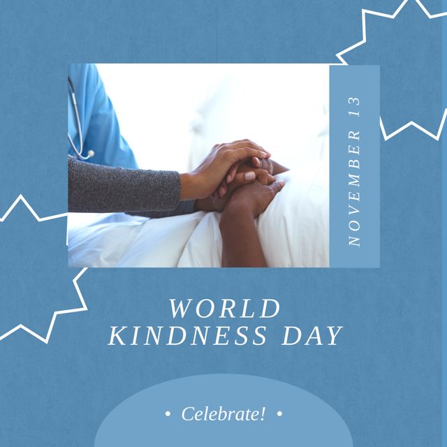 Composition of world kindness day text over african american female patient holding hand with doctor. World kindness day, caring and healthcare services concept.