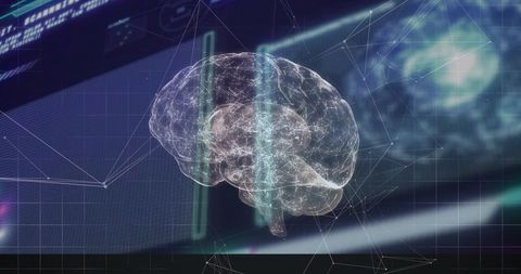 Floating 3D Brain Hologram Pulsing Over Futuristic Neural Interface and Data Grid