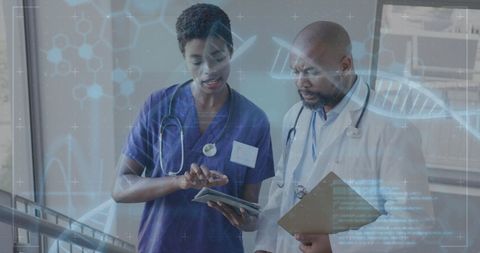 Medical professionals discussing data with dna hologram overlay