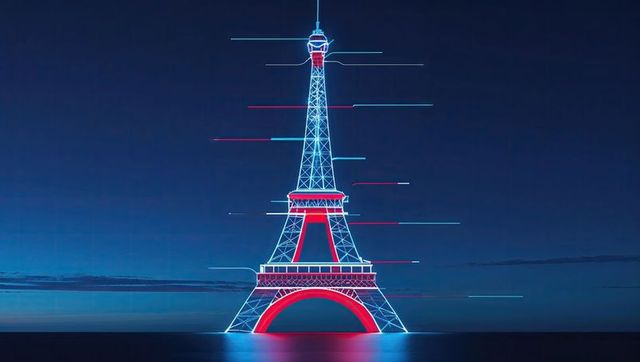 Neon Futuristic Eiffel Tower with Glitch Bars at Night
