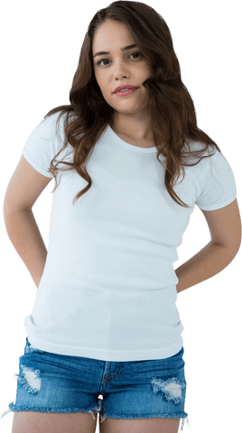 Casual Pose of Young Woman in White T-Shirt on Transparent Background