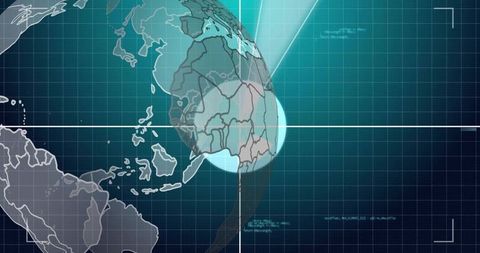 Rotating Translucent Globe Showing Africa Coastlines on Futuristic Radar Interface