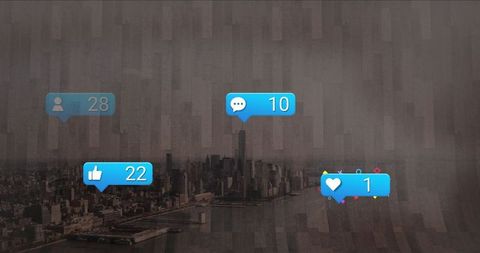 Social Media Interaction Icons Over Urban Skyline