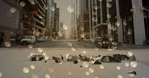 Bitcoin Icons Amidst Crumbling Dollar in Urban Scene