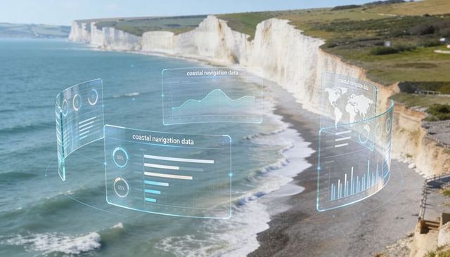 Holographic navigation panels hovering above white cliffs beach with ocean analytics