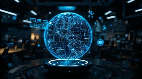 Futuristic Holographic Globe in Modern Office Space