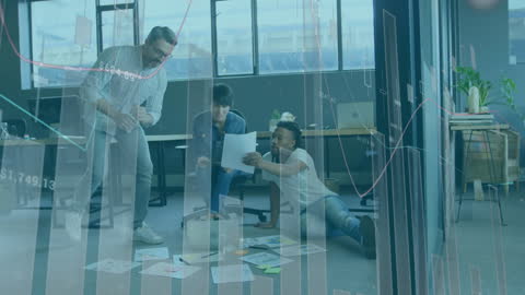 Diverse Team Collaborating with Digital Data Overlay in Office