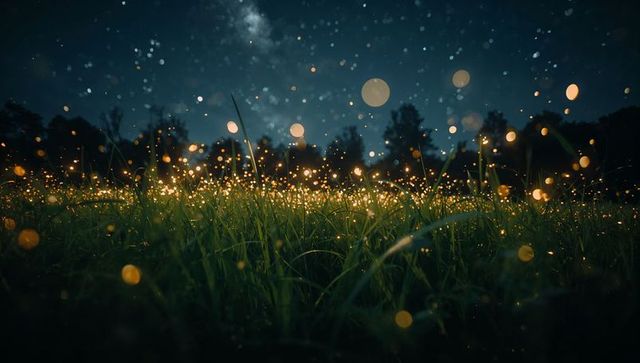 Glowing Fireflies Dance Over Meadow Grass at Night