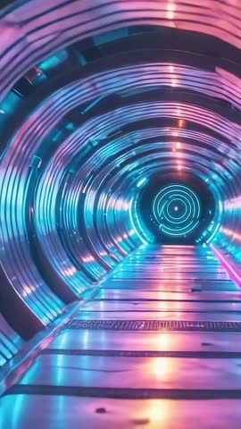Gliding Through Neon Futuristic Tunnel Toward Circular LED Portal | Vertical Tech Loop