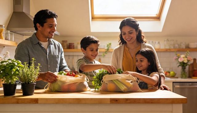 Family unpacking reusable mesh produce bags at sunlit modern kitchen island
