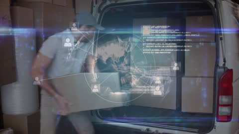 Warehouse Worker Loading Van with Futuristic Digital Interface Overlay
