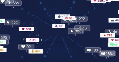 Floating social notification badges on radial digital grid showing engagement metrics