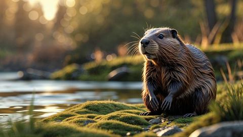 Beaver perched by river in serene forest setting at sunset