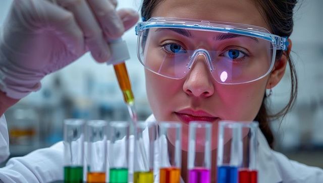 Scientist pipetting multicolored liquids into test tubes with precision