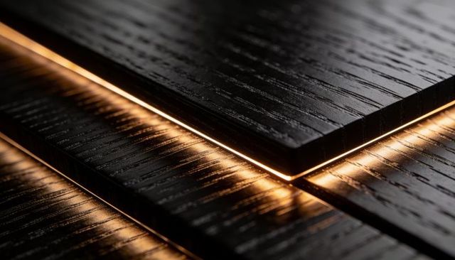 Stacked dark wood panels emitting warm golden glow through narrow gaps with textured grain
