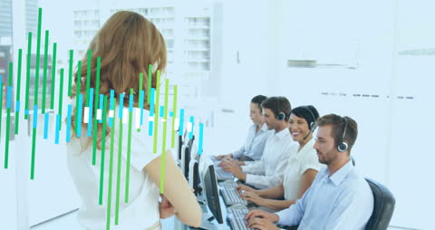 Diverse Customer Support Team Collaborating with Financial Data Overlay