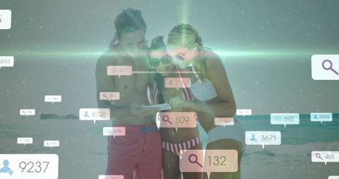 Friends sharing smartphone on sunny beach with social media overlays and lens flare