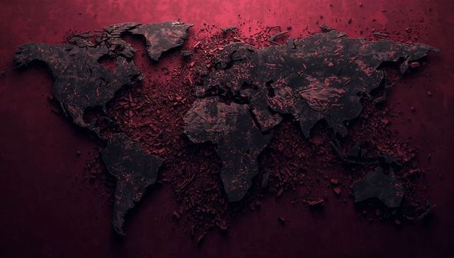 Cracked world map crumbling on crimson panel with textured shards and sidelighting