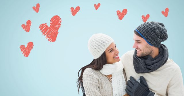 Romantic Winter Couple in Warm Clothing with Heart Sketches - Download Free Stock Templates Pikwizard.com