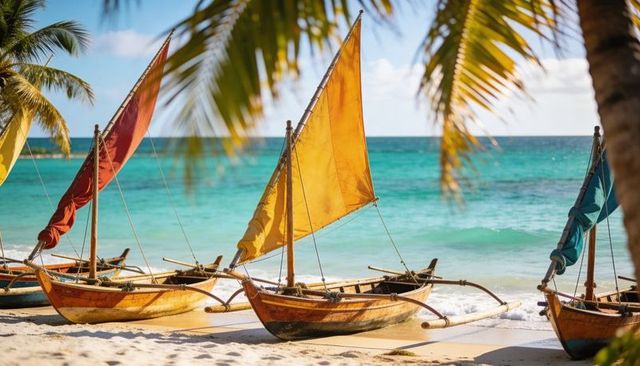 Colorful outrigger sailboats resting on turquoise tropical beach framed by palm fronds
