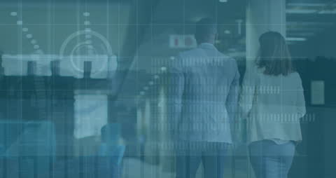 Business Partnership Analyzing Financial Data in Futuristic Office