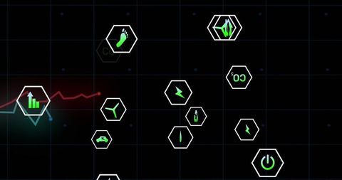 Displaying dashboard cluster on dark grid with hexagonal frames and neon energy icons