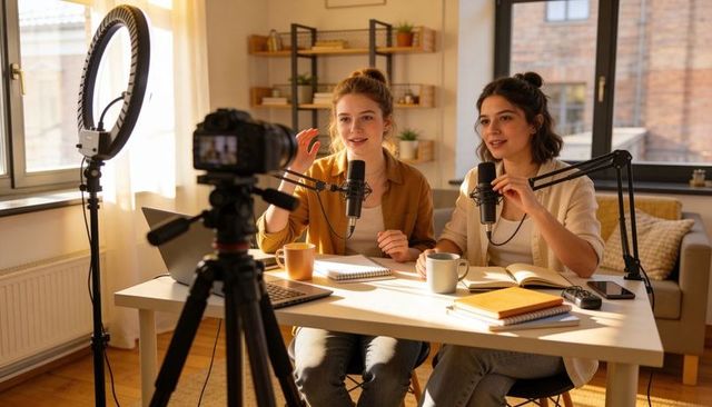 Two Women Hosting Podcast in Cozy Home Studio with Ring Light Camera and Microphones