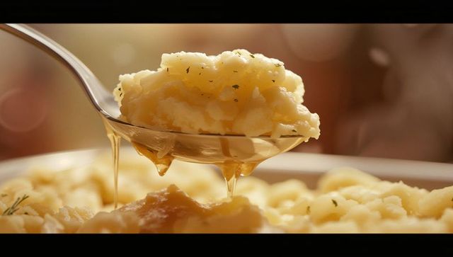 Spoon lifting mashed potatoes drizzled with rich golden gravy
