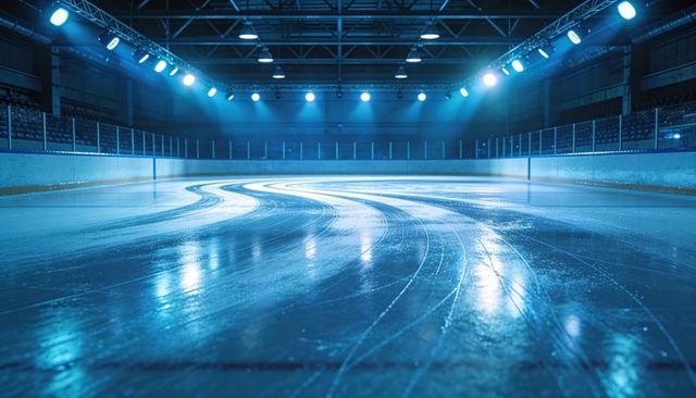 Empty ice rink with s-shaped skate tracks, glossy reflections and blue lighting