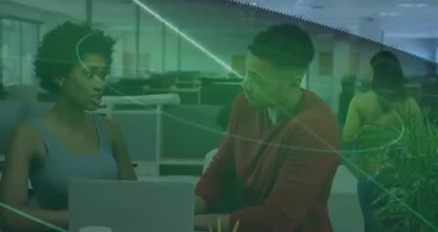 Colleagues Collaborate in Modern Office with Digital Overlay