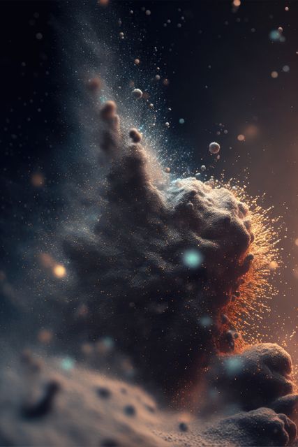 Magnified particles in air during explosion of white powder created using generative ai technology. Energy and suspension of microscopic particles moving in air concept.