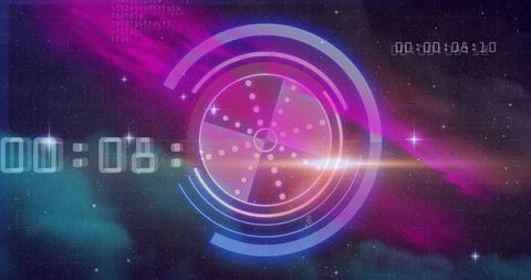 Futuristic sci-fi interface overlay on cosmic nebula