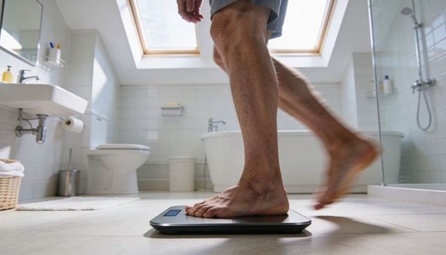 Man stepping on digital scale in bright modern bathroom with skylight and minimalist vibe