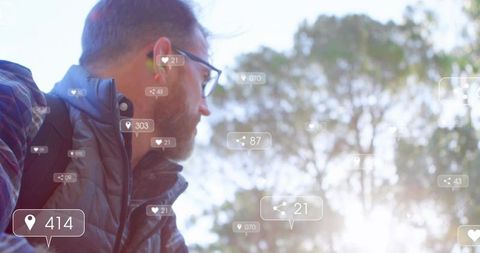 Male traveler wearing puffer jacket and glasses with floating social media ui overlays