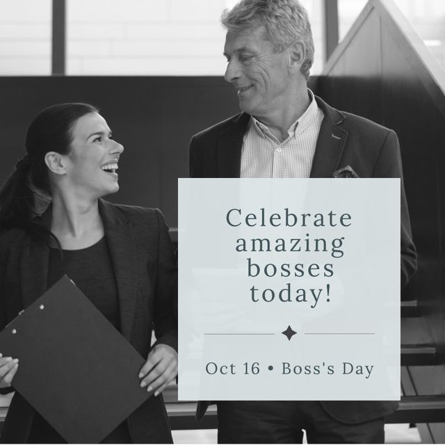 Business people celebrating Boss’s Day on October 16th in an office environment. Ideal for promoting office celebrations, leadership appreciation, teamwork, and company culture. Can be used for social media posts, corporate websites, and internal communications.